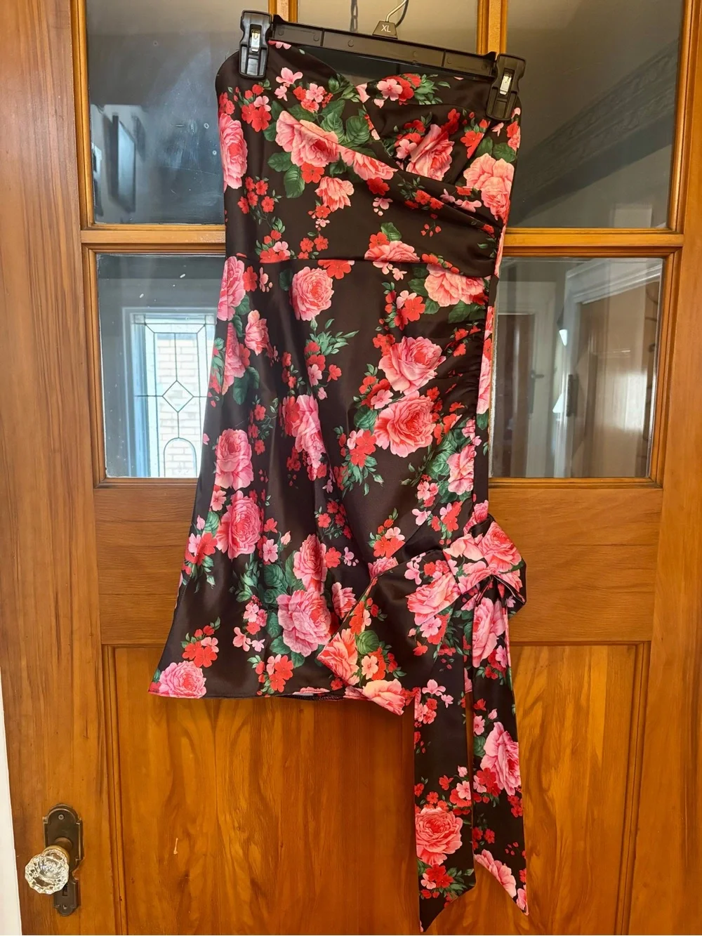ASOS Black Strapless Dress with Pink Floral Print